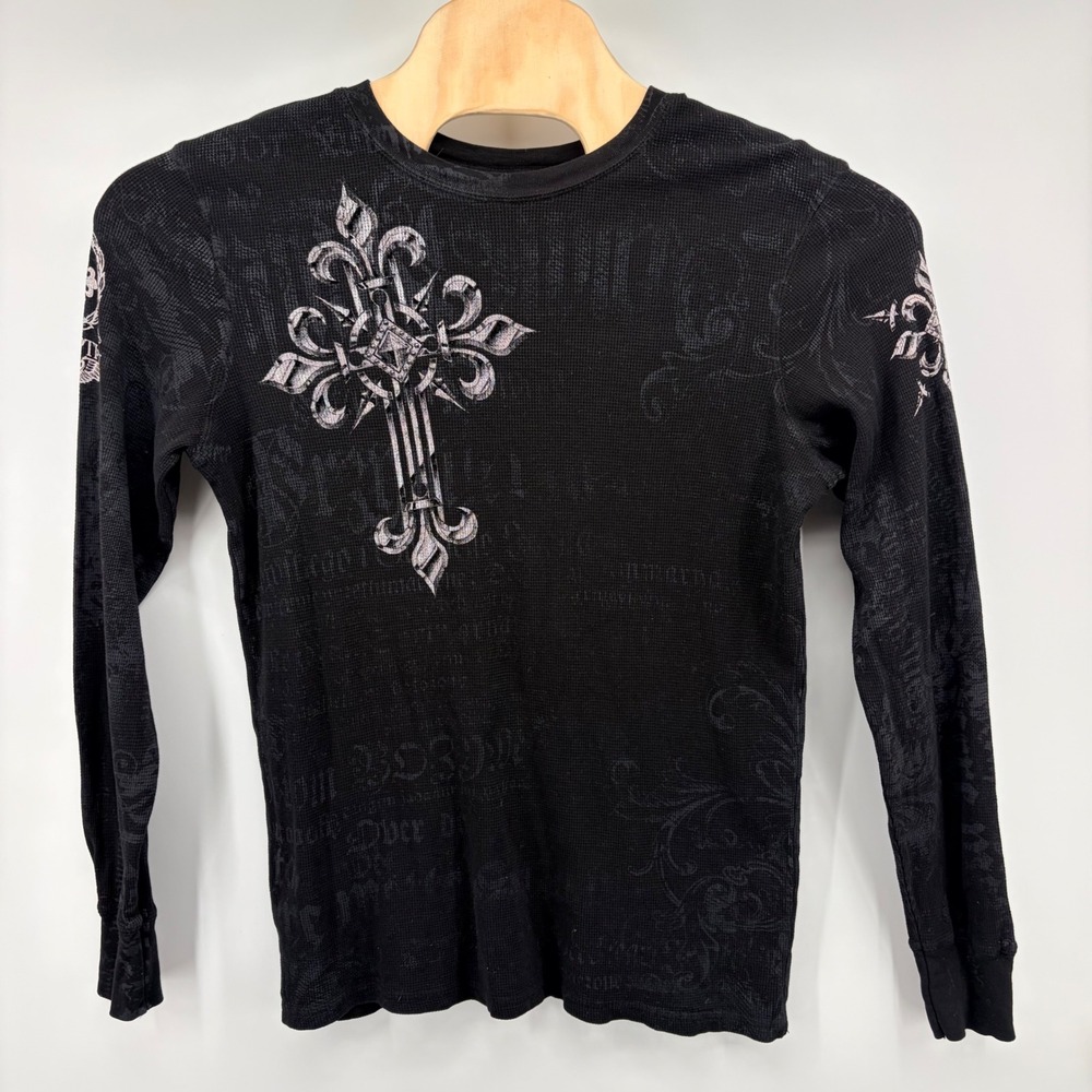 Archaic Thermal Shirt Mens Large Black Cross Wings Graphic Y2K MMA Long Sleeve